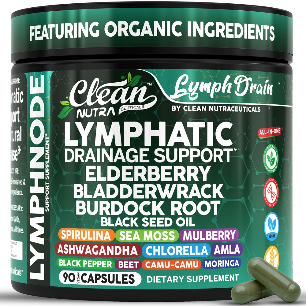 Clean Nutraceuticals Organic Lymphatic Drainage Capsules bottle ready for daily wellness routine.