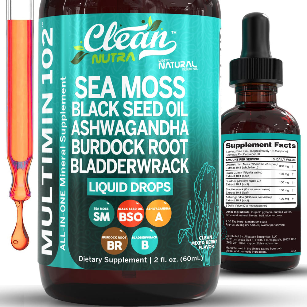 Clean Nutra Organic Sea Moss Drops bottle highlighting immune support and daily vitality.