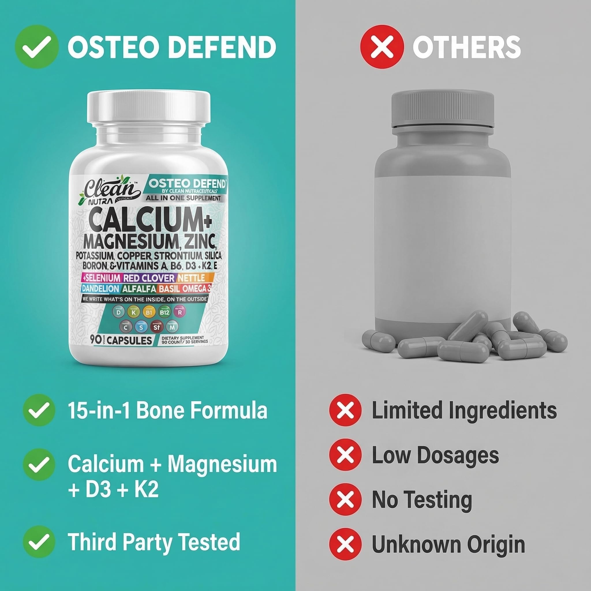 Osteo Defend bottle shown on a wooden surface with natural lighting.