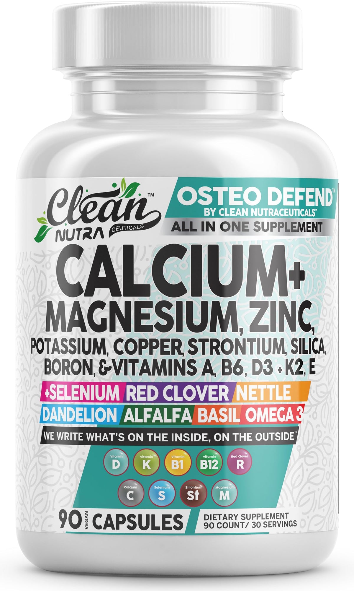 Clean Nutraceuticals Osteo Defend bottle on display highlighting all-in-one mineral blend for bone support.