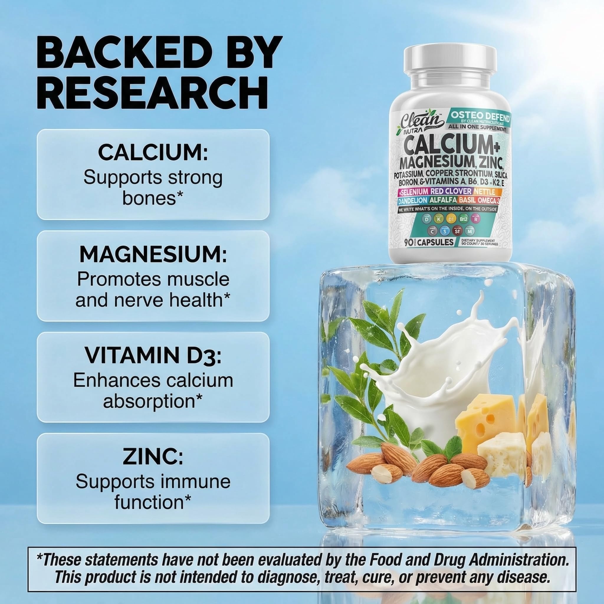 Label close-up of Clean Nutraceuticals Osteo Defend with D3 and K2 on the bottle.