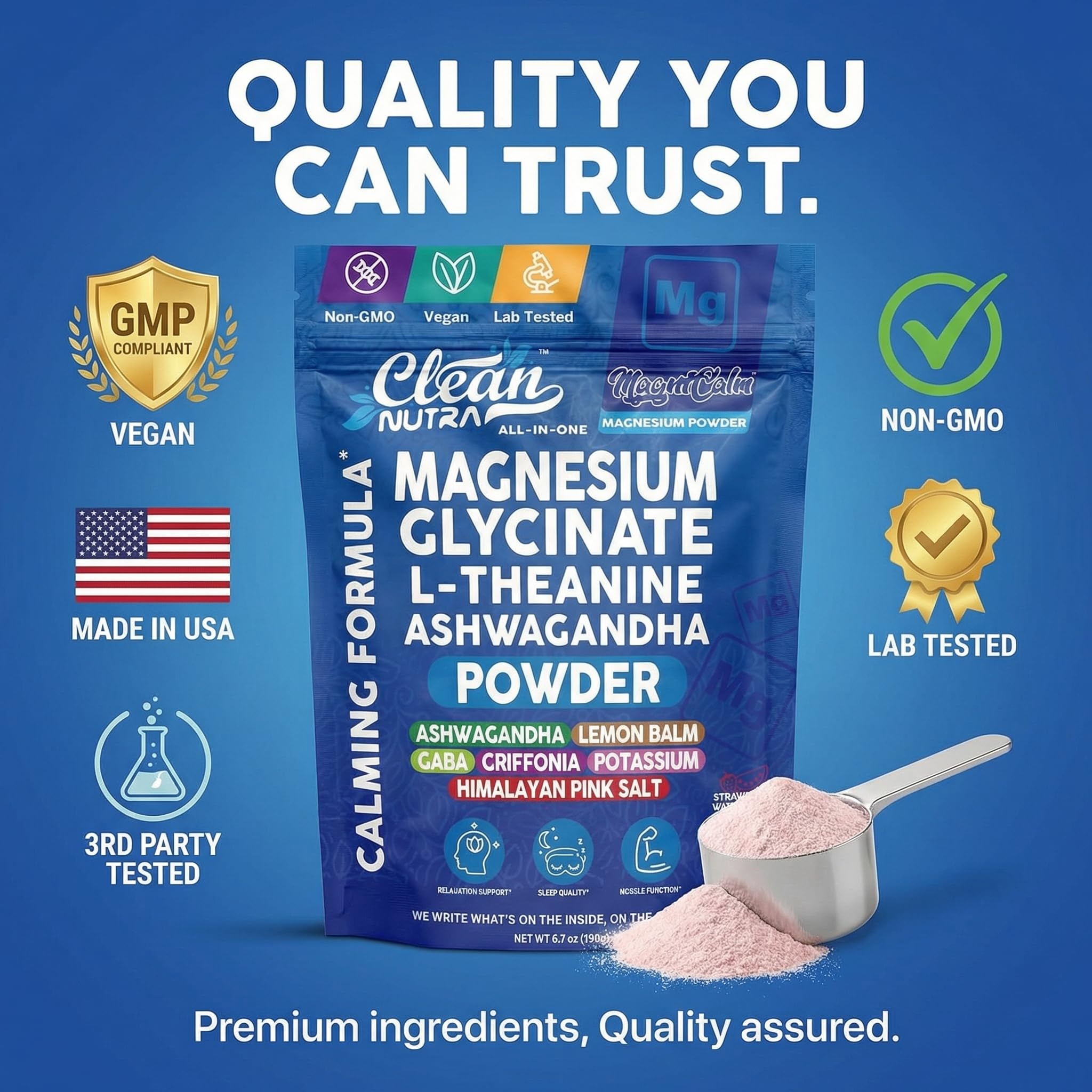 Clean Nutra pink salt crystals beside powder, suggesting electrolyte-rich blend.