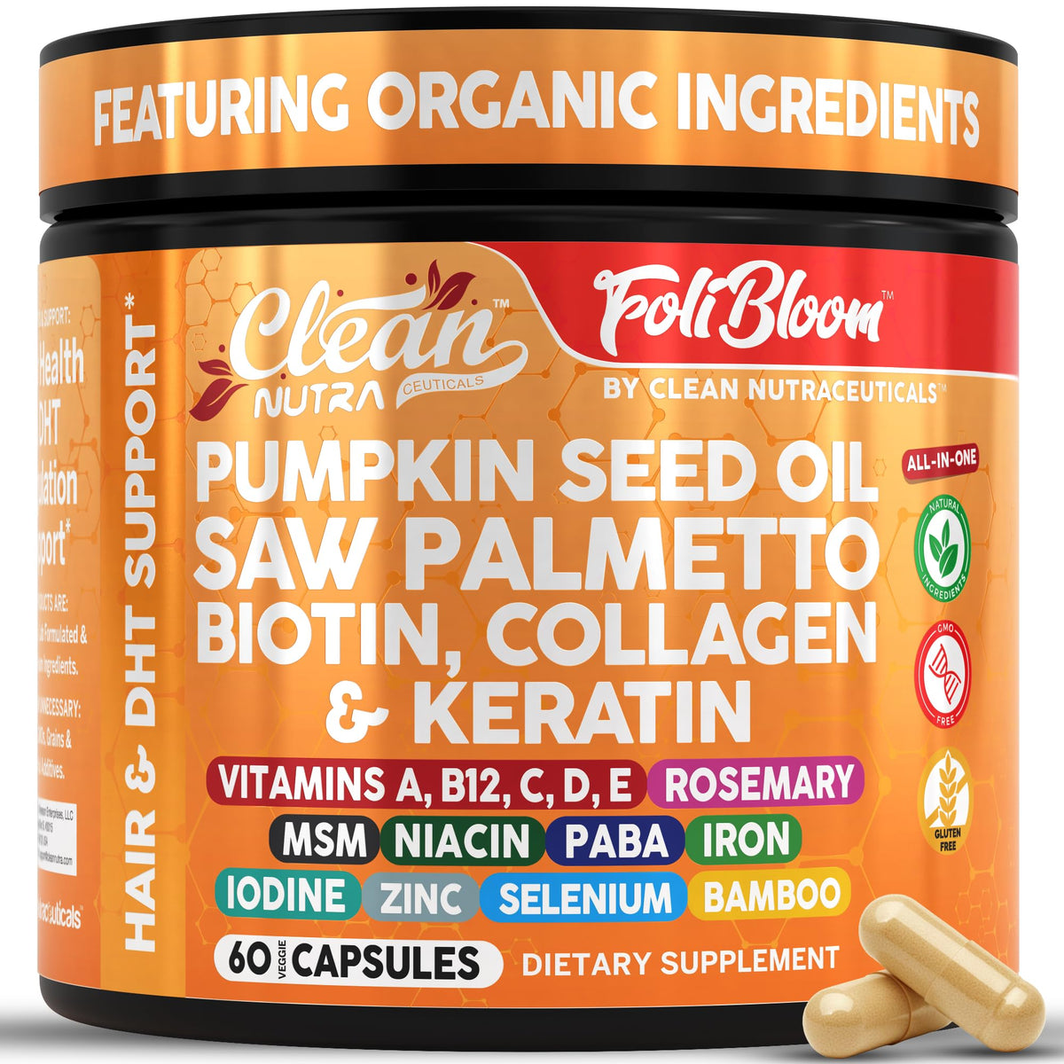 Clean Nutra pumpkin seed oil capsules bottle for follicle nourishment and fuller-looking hair