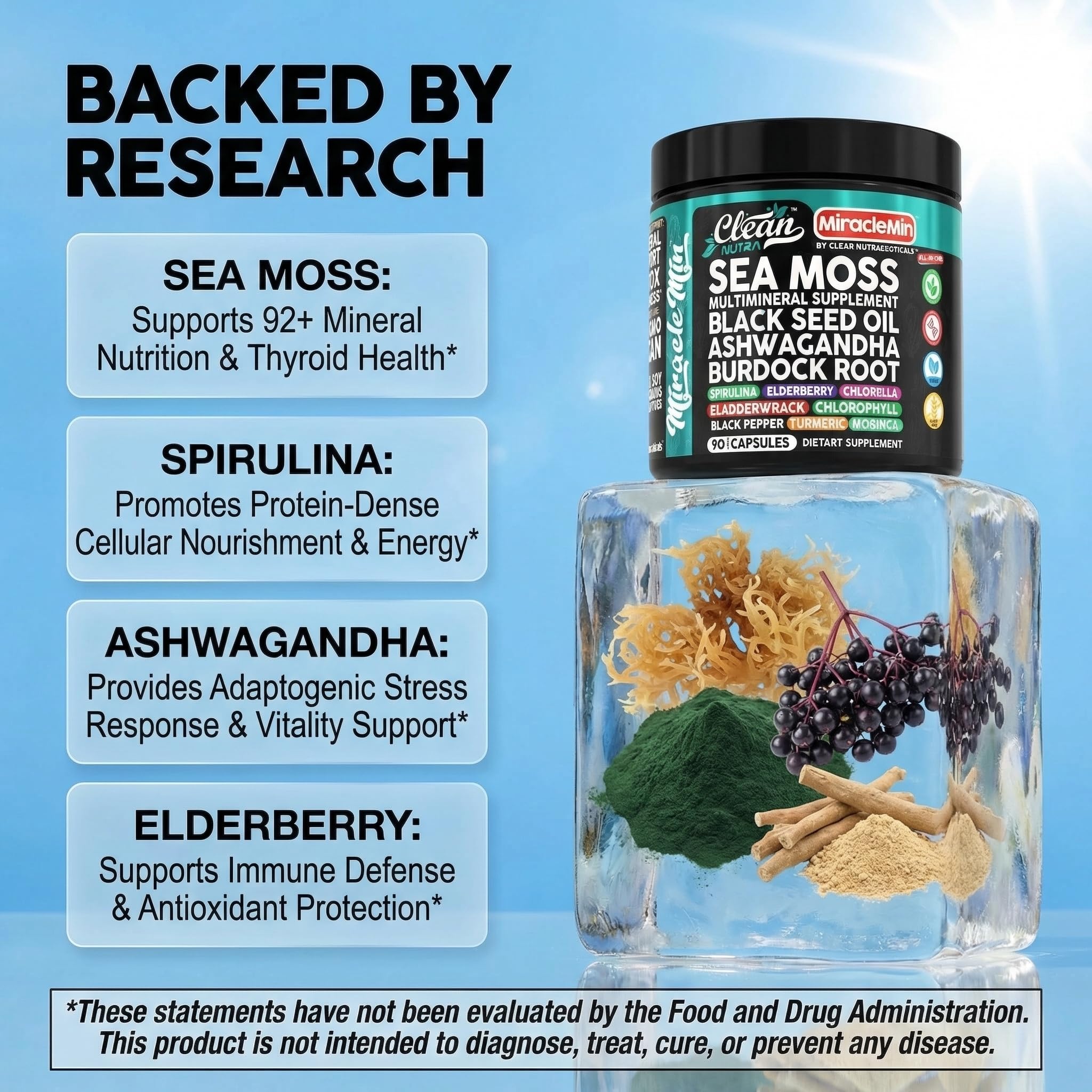 Clean Nutra sea moss Ashwagandha ingredient panel emphasizes adaptogenic support