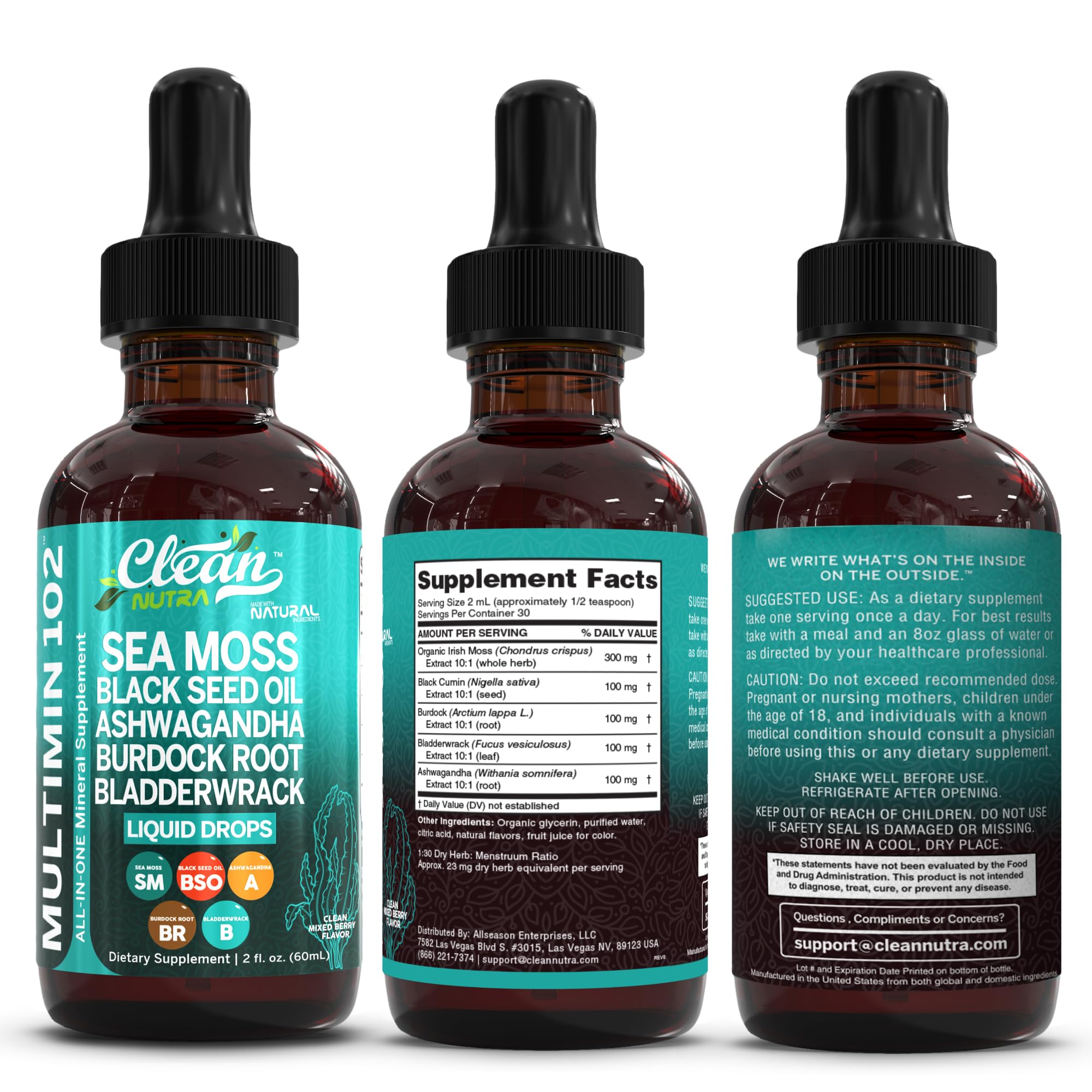 Clean Nutra sea moss drops packaging shown with clear labeling.