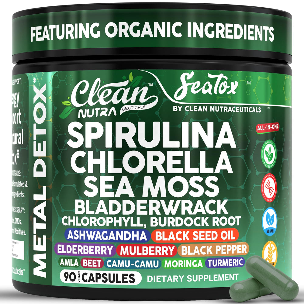 Clean Nutra Sea Tox spirulina and chlorella capsules close-up for daily energy support