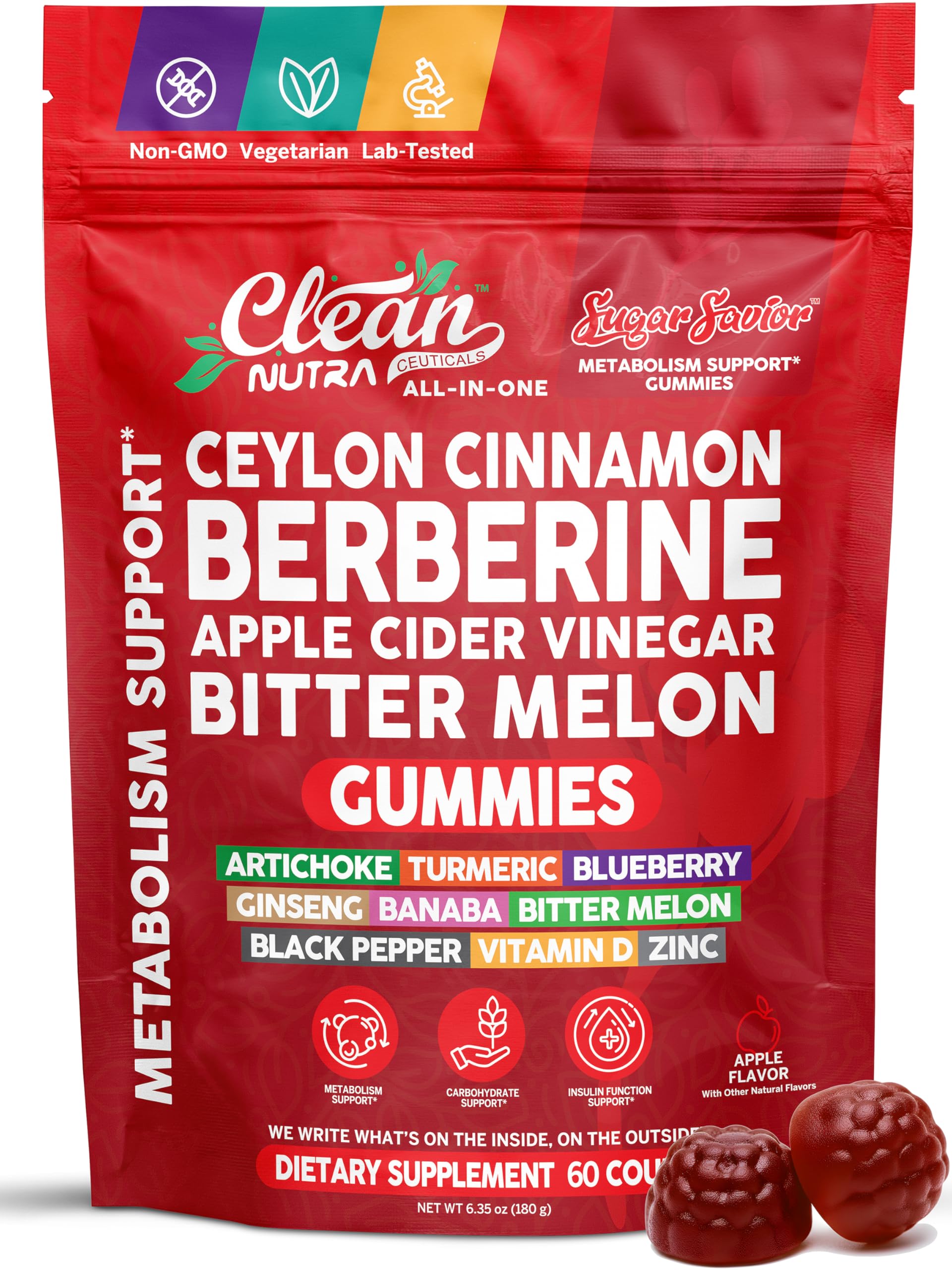 Clean Nutra Sugar Savior apple cider vinegar gummies for easy daily digestion support.