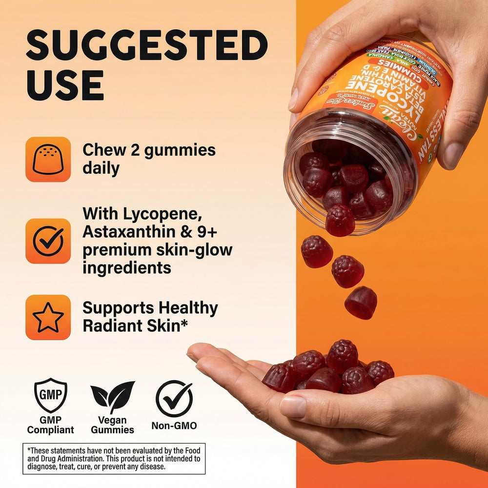 Clean Nutra Sunless Glow gummies on hand illustrate easy on-the-go routine