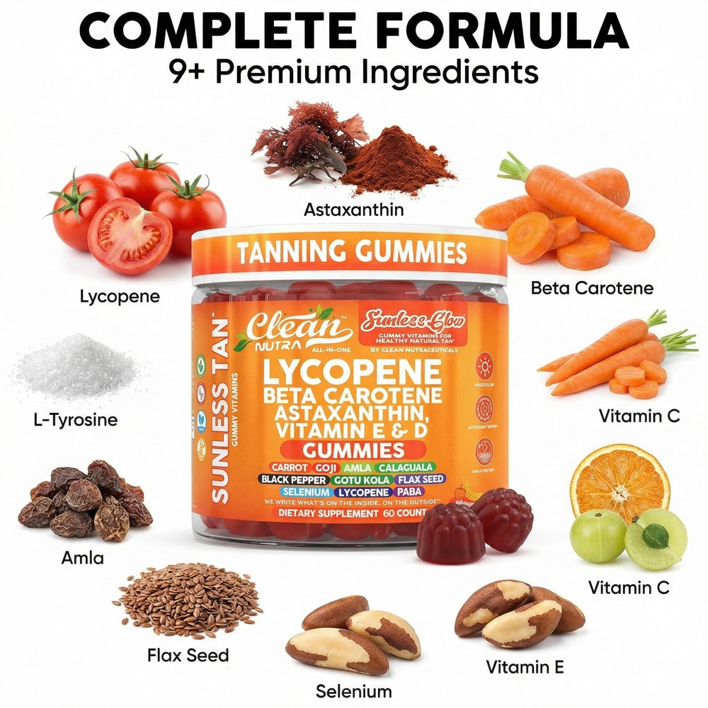 Clean Nutra Sunless Glow packaging label emphasizes antioxidants and carotenoid blend