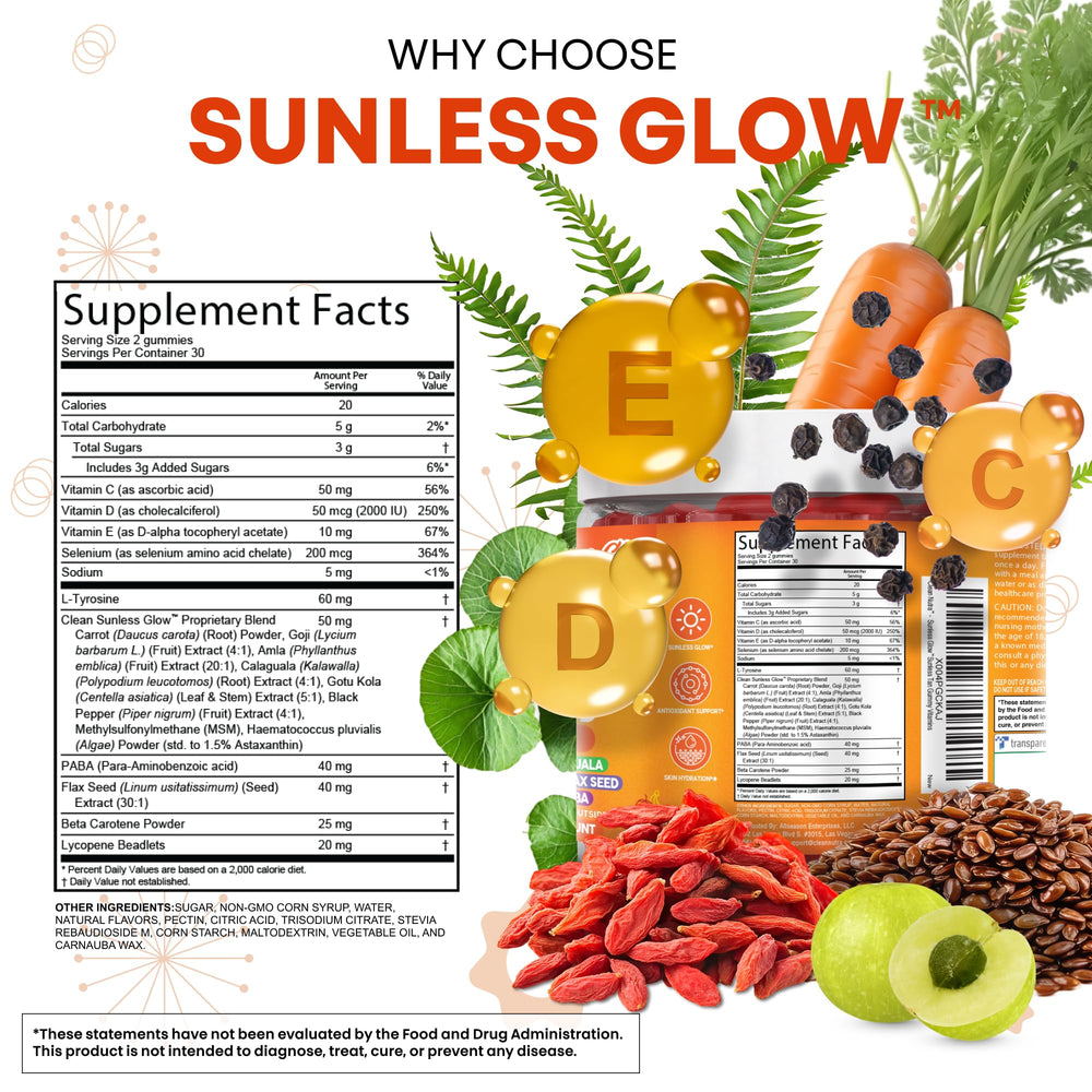 Clean Nutra Sunless Glow strawberry banana gummies on surface imply tasty daily nourishment