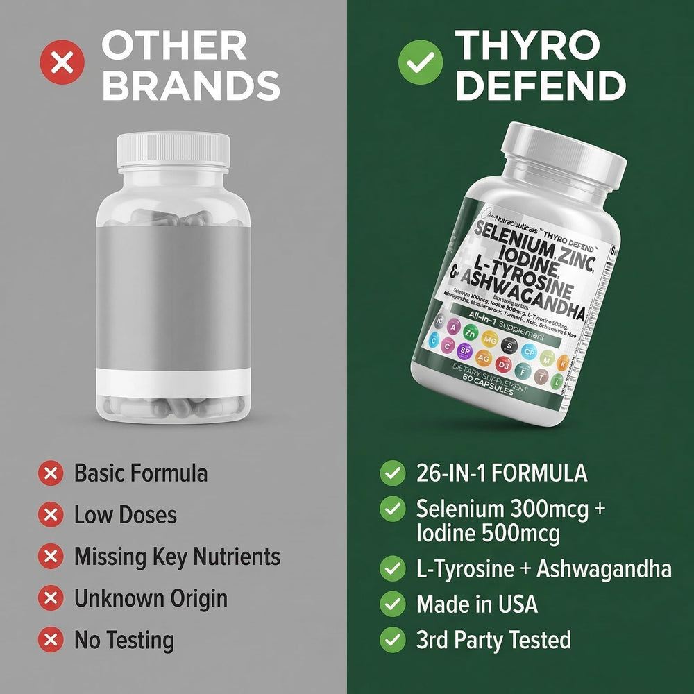 Herbal blend imagery highlighting bladderwrack, kelp, and ashwagandha in Clean Nutra ThyroDefend.