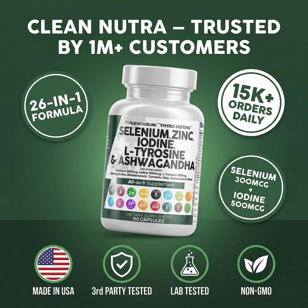 Packaging box and bottle from Clean Nutra ThyroDefend on neutral background.