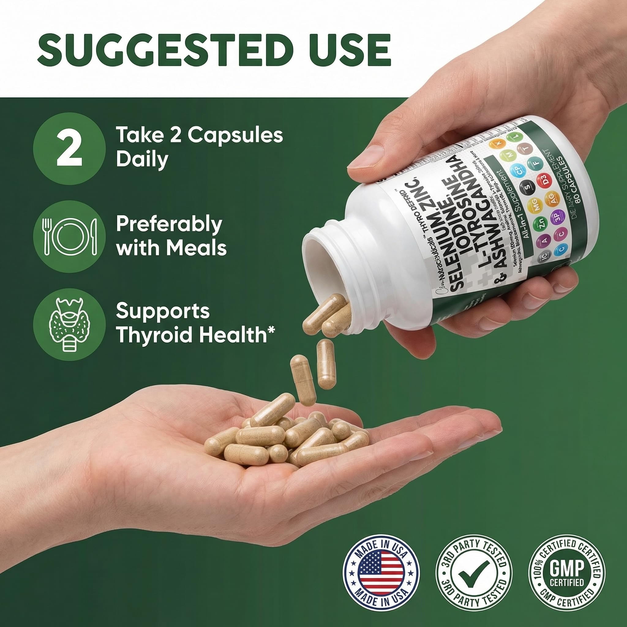 Two capsules ready for daily dosage from Clean Nutra ThyroDefend bottle.