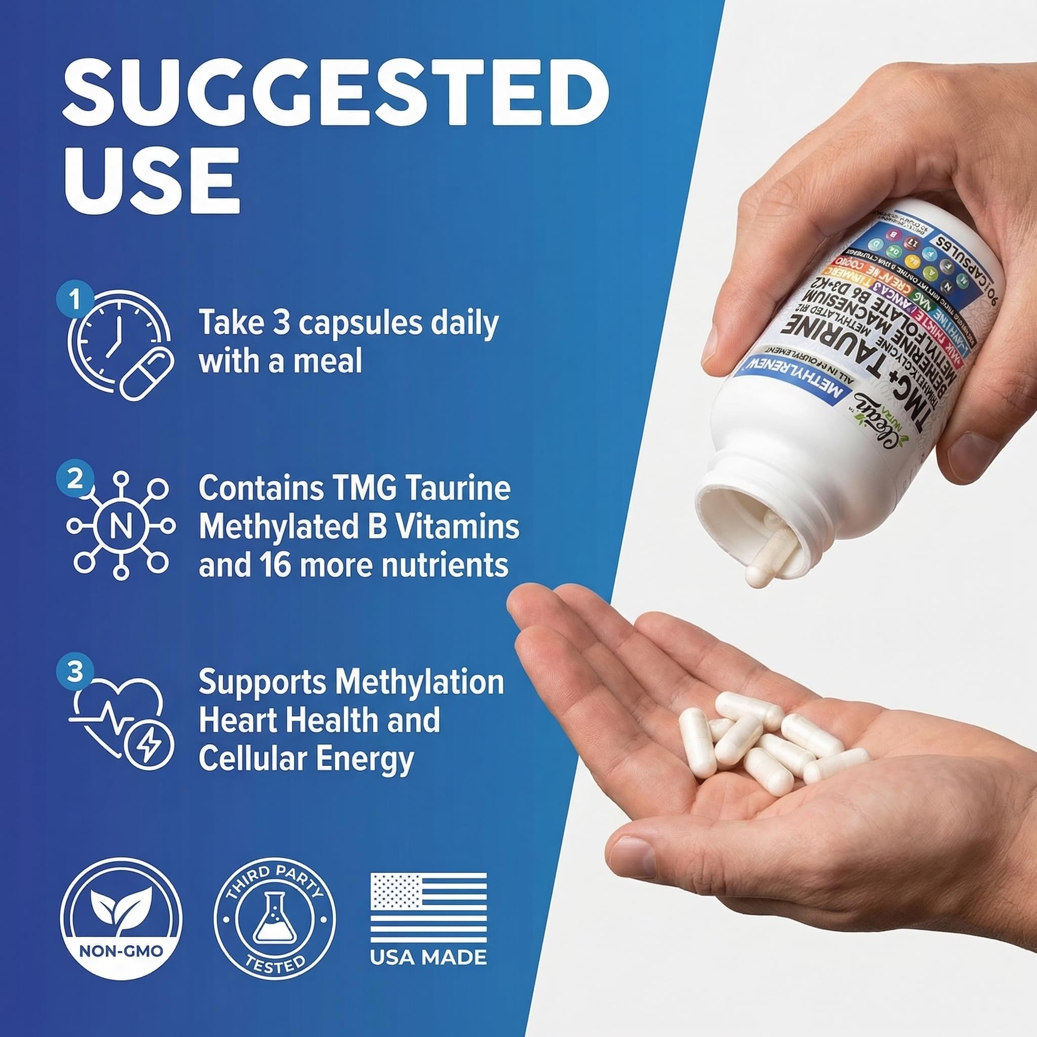 Clean Nutra TMG ingredients chart with methylated vitamins