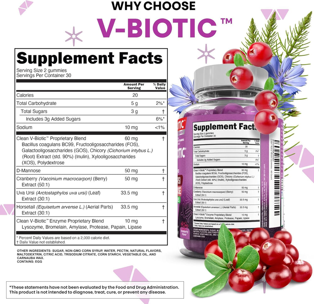 Ingredients label highlights prebiotics, cranberry, and D-mannose.