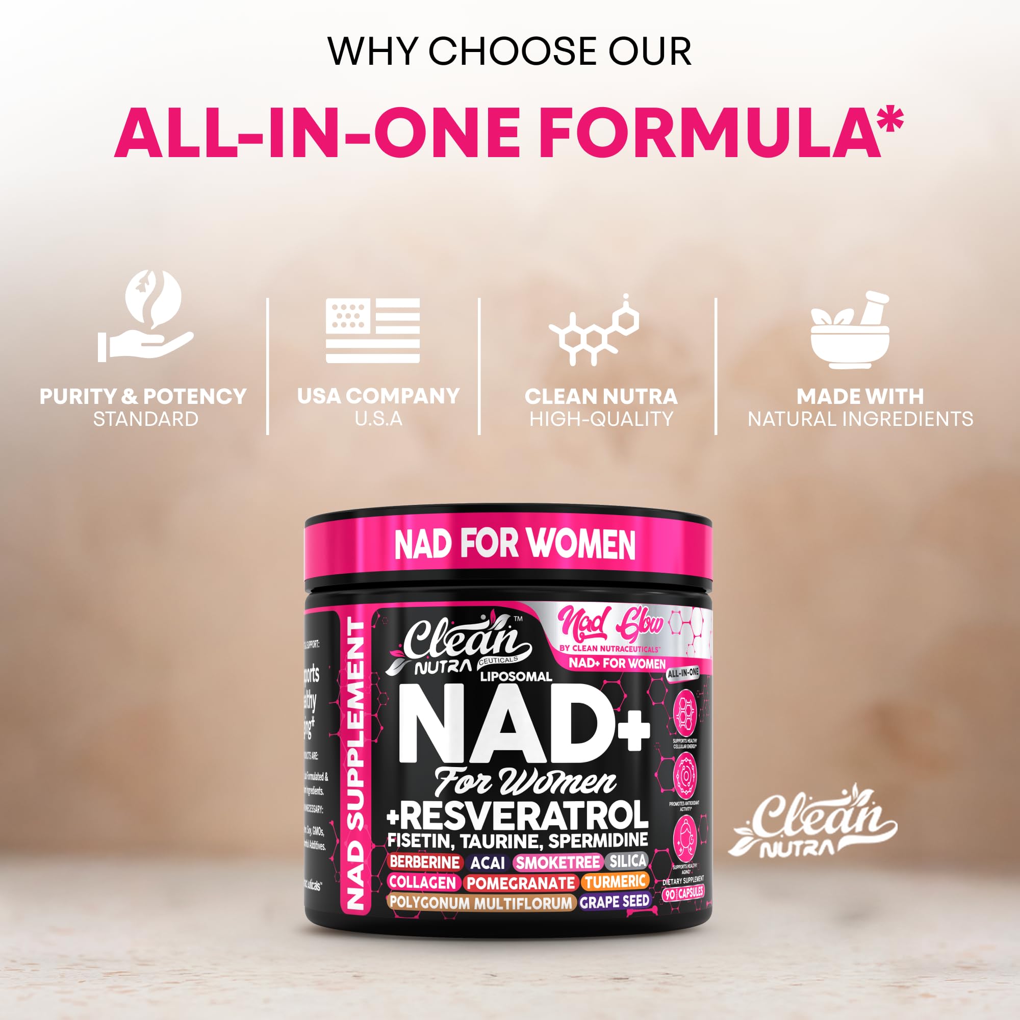 Clean Nutra women-focused formula emphasizes balanced energy and graceful aging.