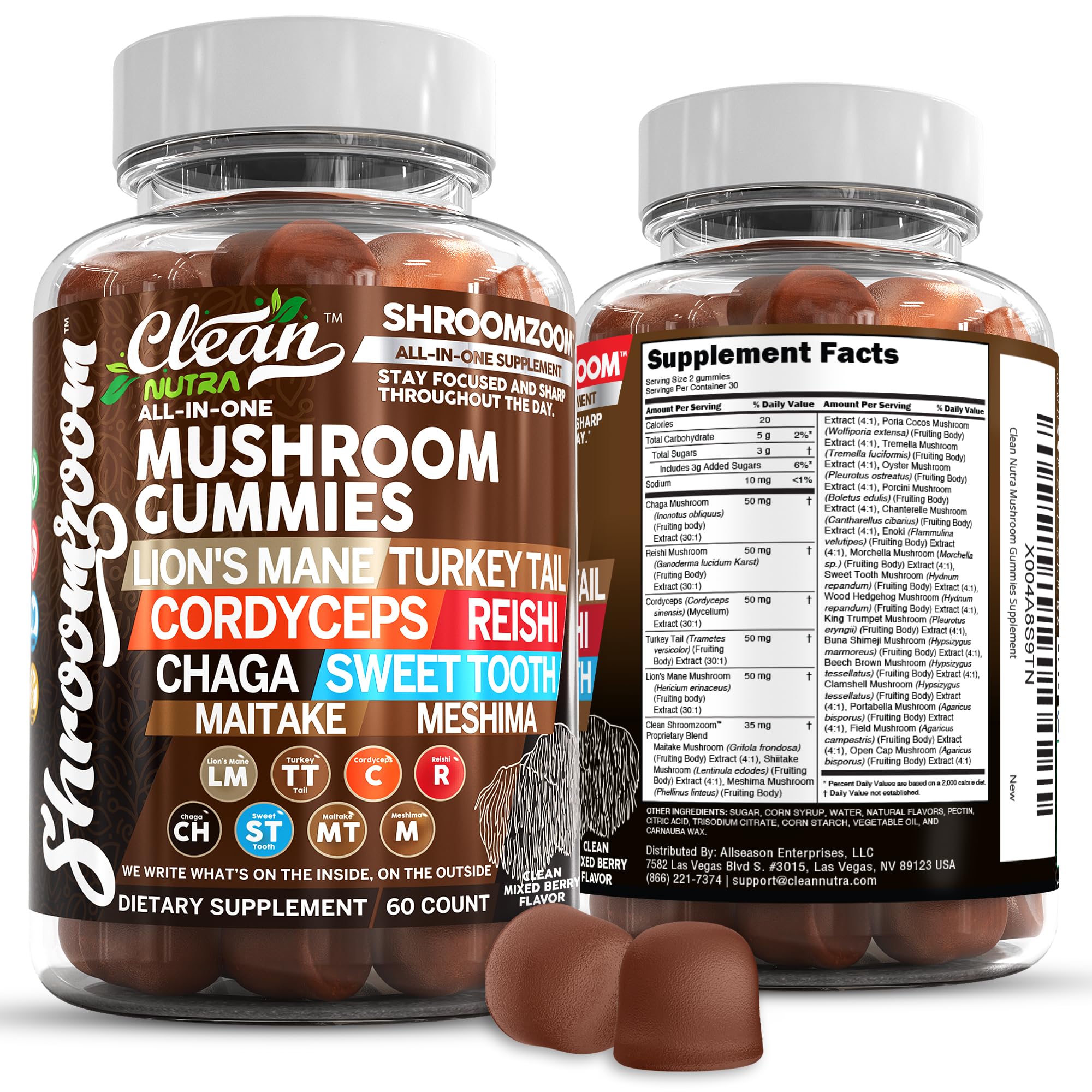 Clean Nutraceuticals 15in1 mushroom gummies bottle for daily wellness.