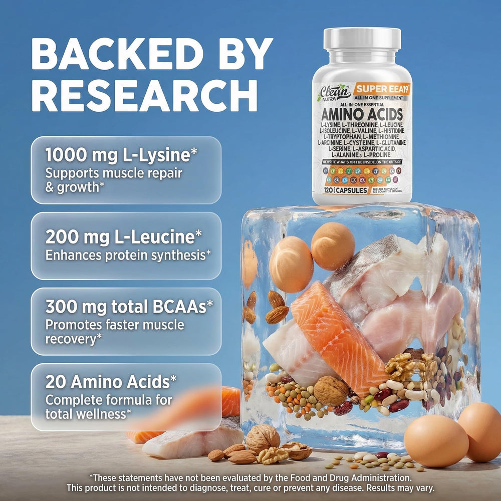 Clean Nutraceuticals amino acids label close-up highlighting ingredients
