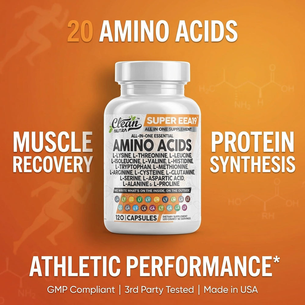 Clean Nutraceuticals amino acids packaging close-up with branding