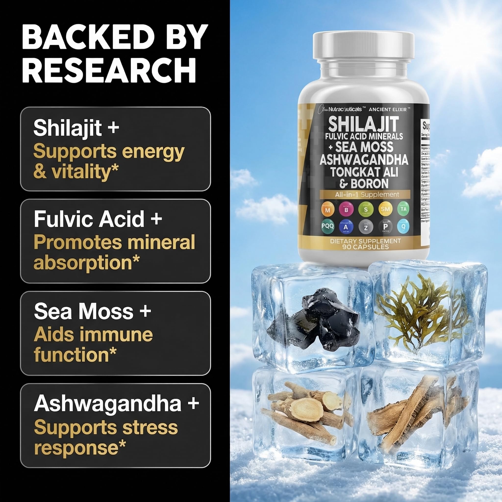 Clean Nutraceuticals Ashwagandha bottle scene for calm focus and stress relief potential.