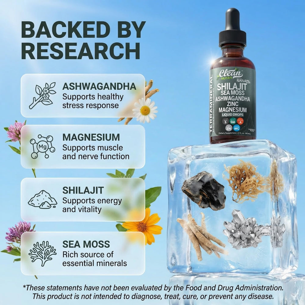 Clean Nutraceuticals Ashwagandha liquid drops bottle closeup for calm vitality