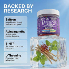 AuraZen mood gummies close-up highlighting strawberry mandarin flavor for mood support.