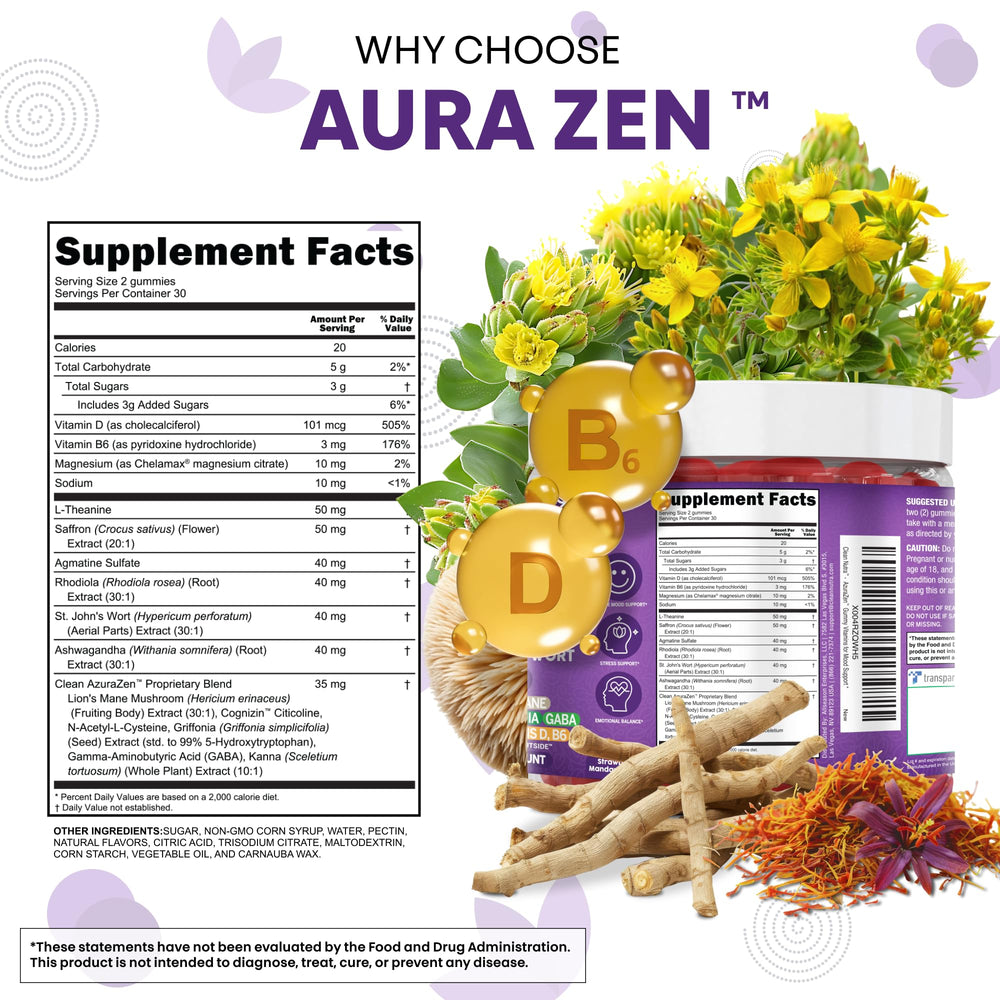 Rhodiola rosea and ashwagandha elements in AuraZen for stress resilience.