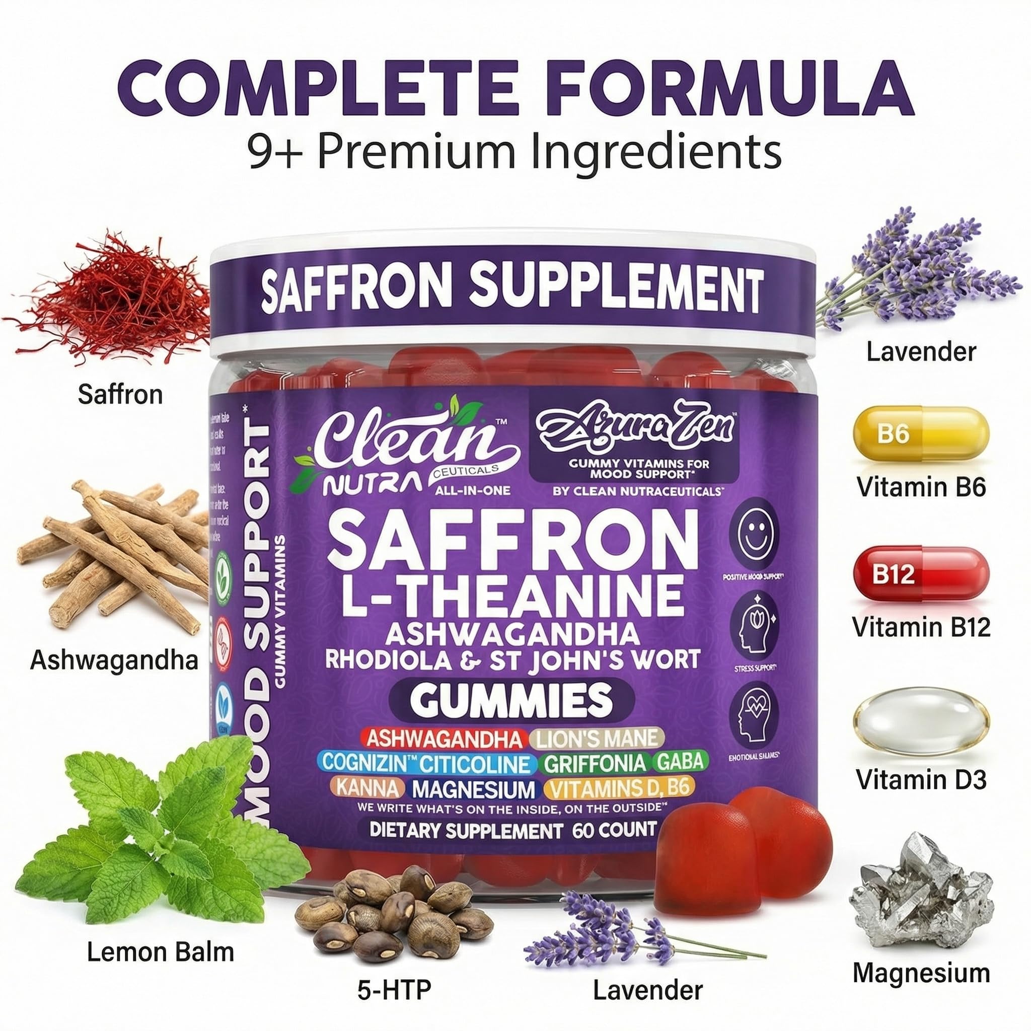 Saffron threads visual with AuraZen ingredients suggesting mood balance.