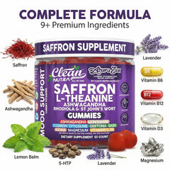 Saffron threads visual with AuraZen ingredients suggesting mood balance.
