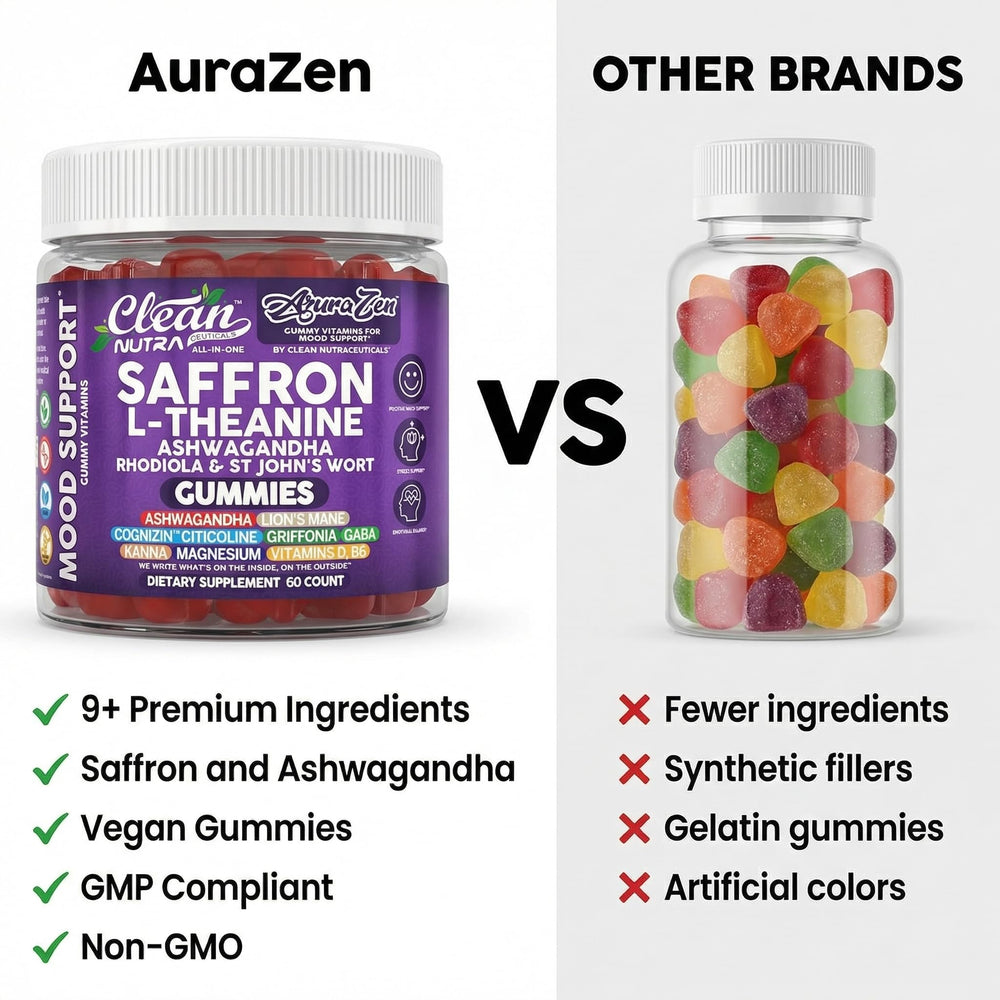 AuraZen strawberry mandarin flavor gummies ready to enjoy in a vegan formula.