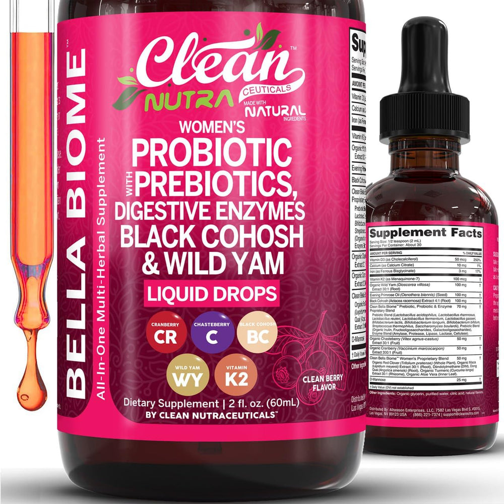 Clean Nutraceuticals Bella Biotics bottle closeup for daily gut support.