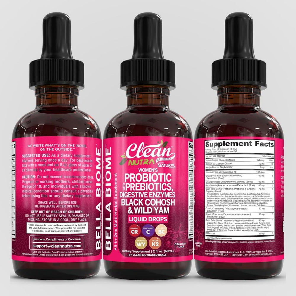 Bella Biotics travel-friendly bottle for on-the-go use.
