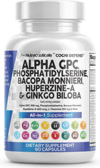Clean Nutraceuticals Brain Alpha GPC 300mg bottle boosts focus and memory support.