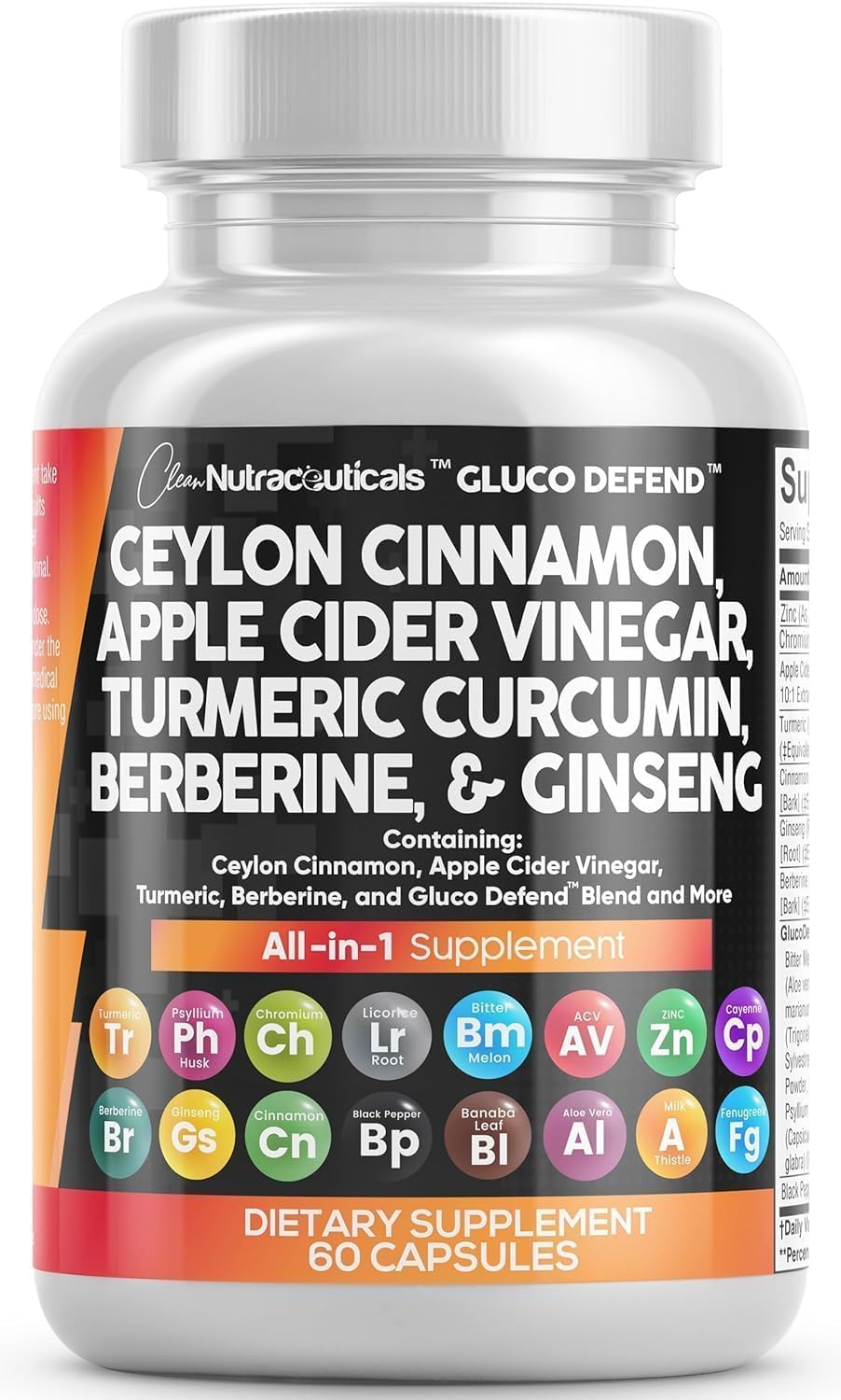 Clean Nutraceuticals Gluco Defend bottle front with cinnamon and ACV visually illustrating daily use.