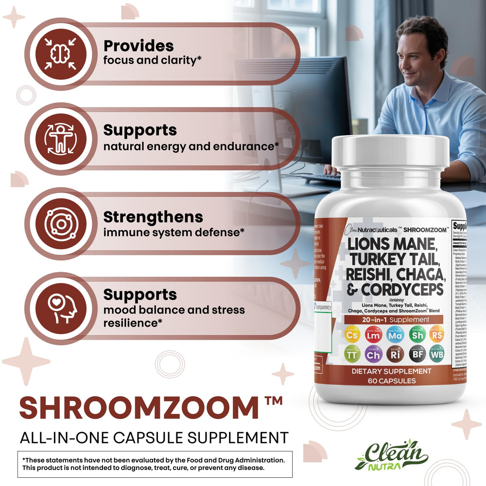 Clean Nutraceuticals chaga mushroom powder bottle close-up for antioxidant-inspired wellness.