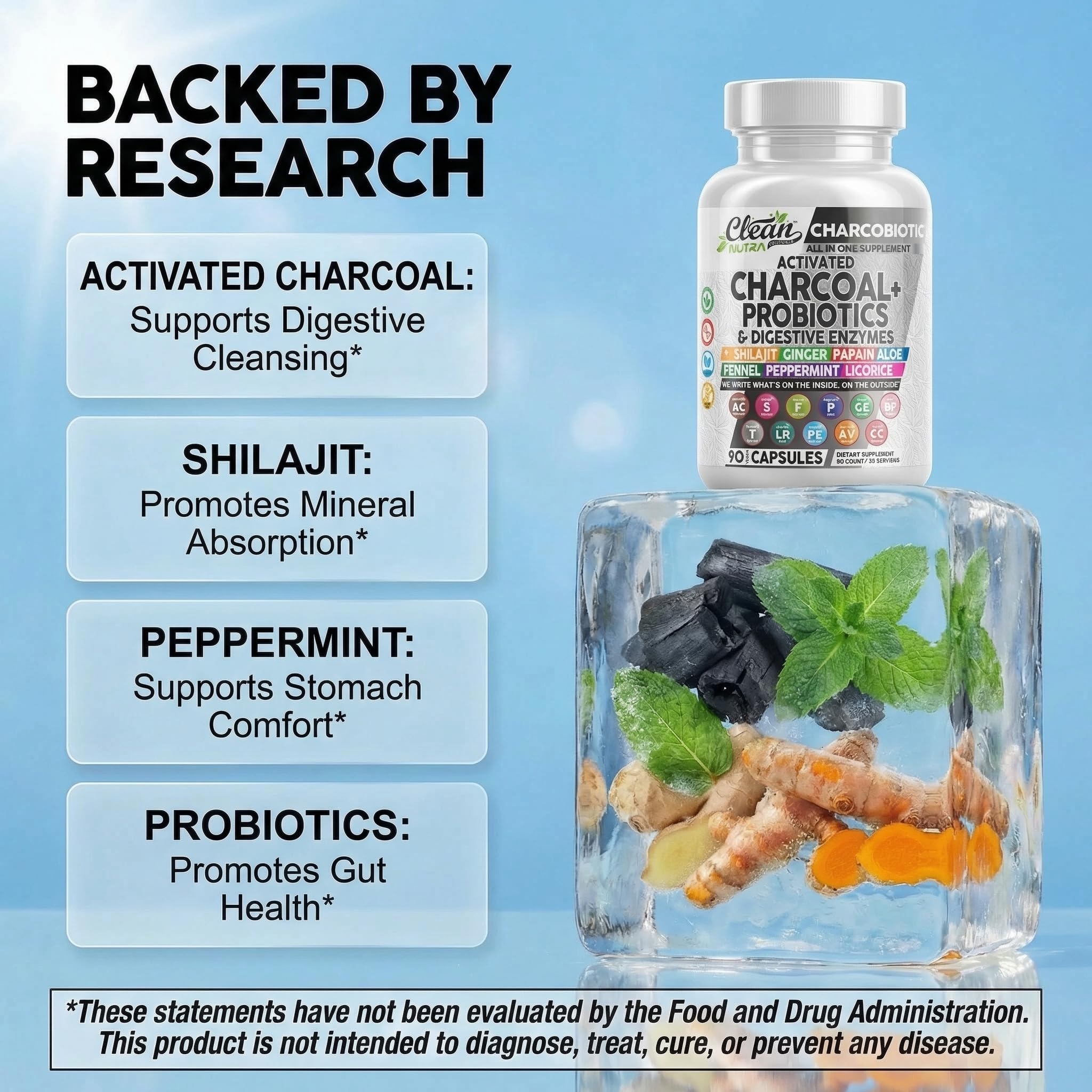 Clean Nutraceuticals CharcoBiotic activated charcoal capsules for natural gas relief and debloat.