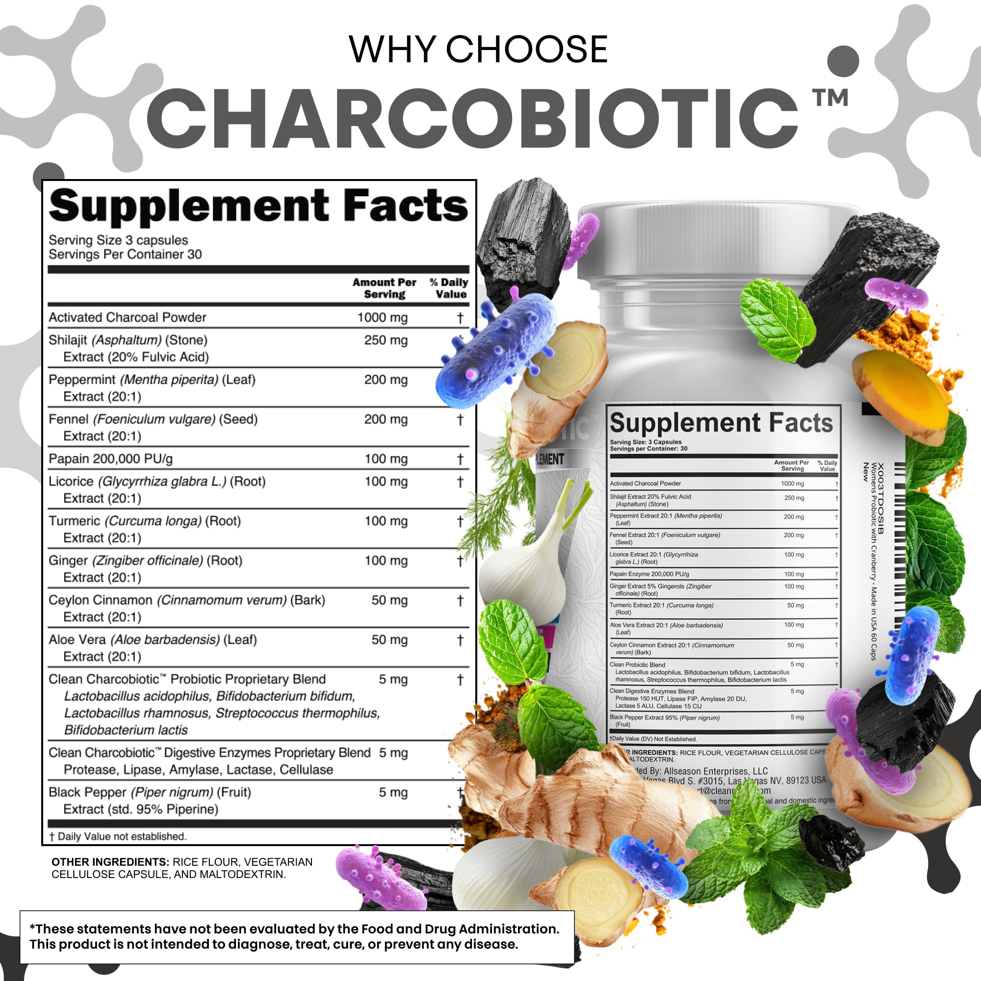 Clean Nutraceuticals CharcoBiotic fennel peppermint blend aids bloating comfort and gut calm.