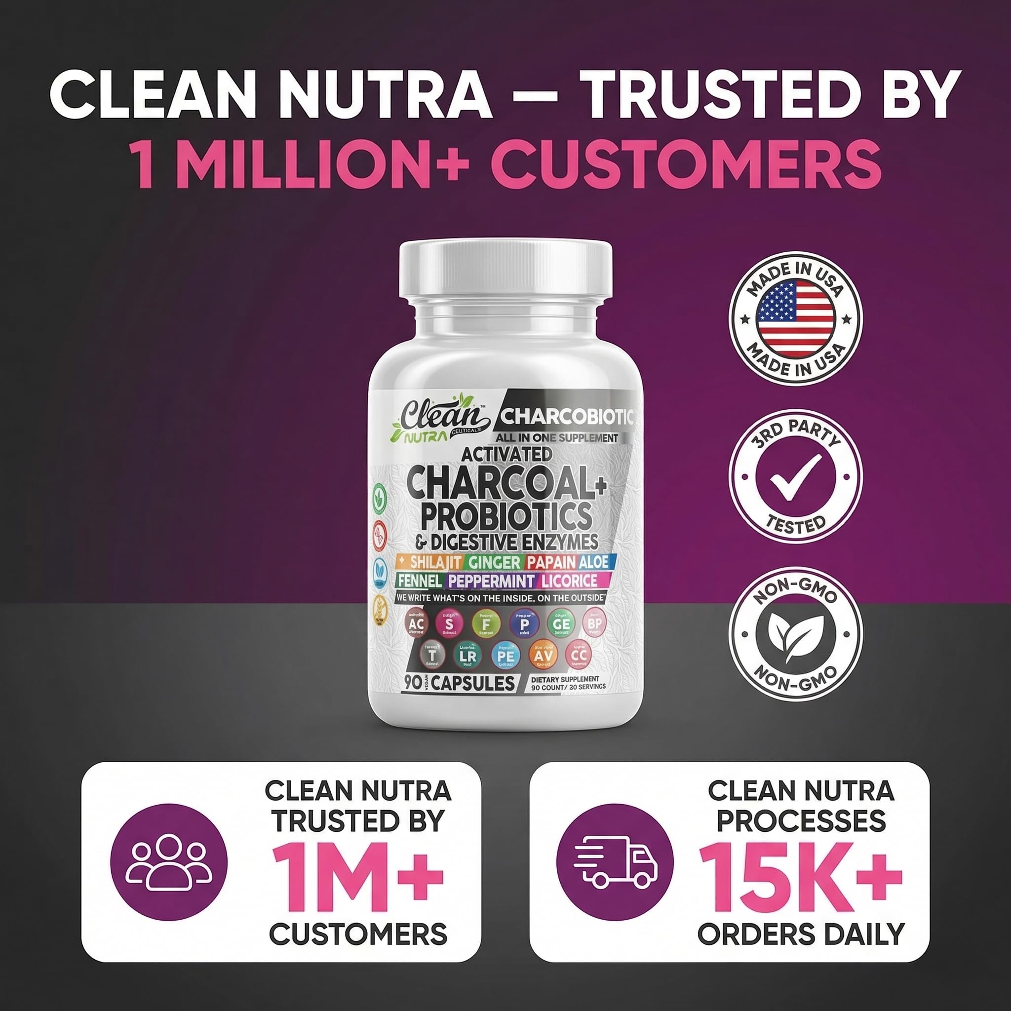 Clean Nutraceuticals CharcoBiotic vegan non-GMO gluten-free 90-count bottle.