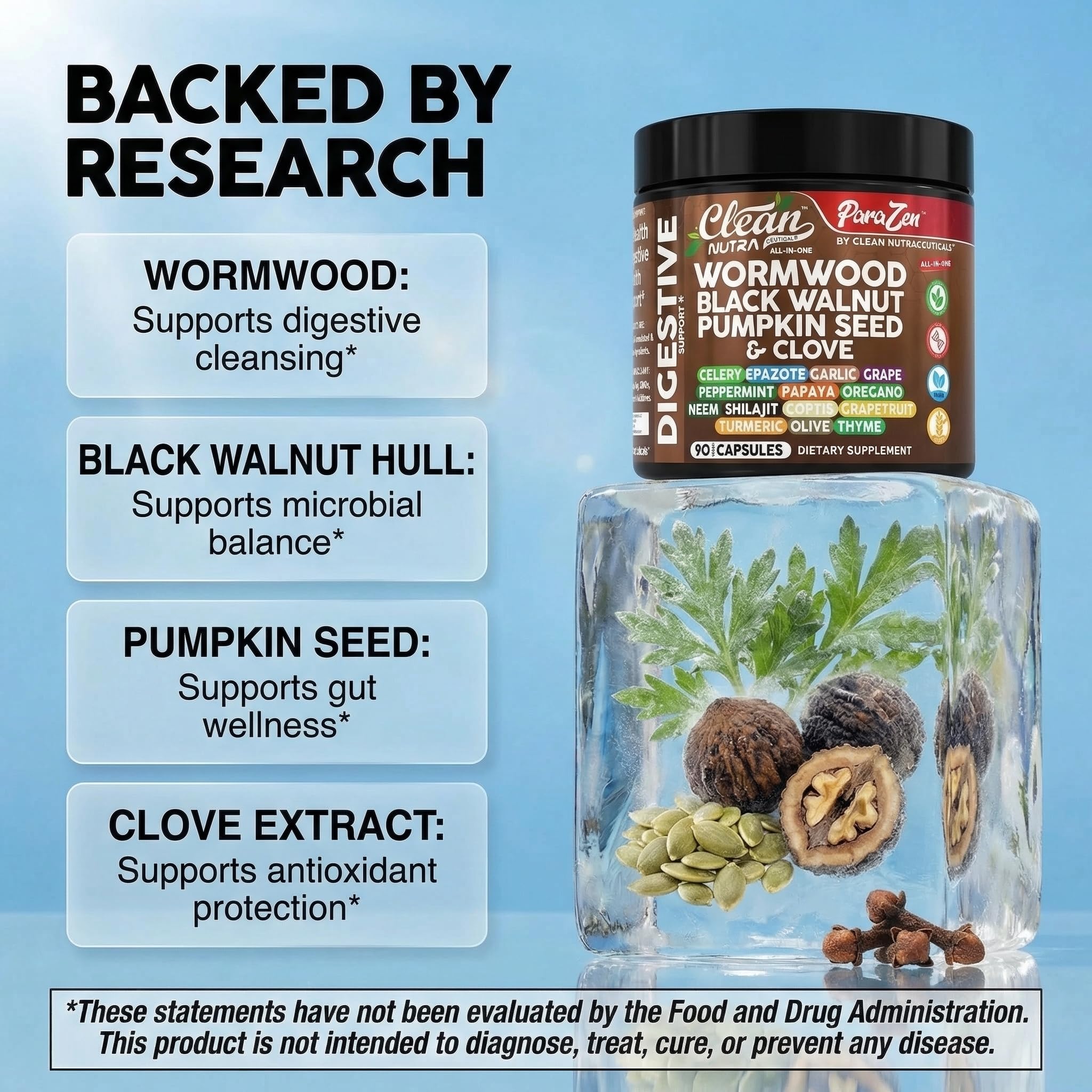 Clean Nutraceuticals clove bud jar presents antioxidant-rich spice detail.