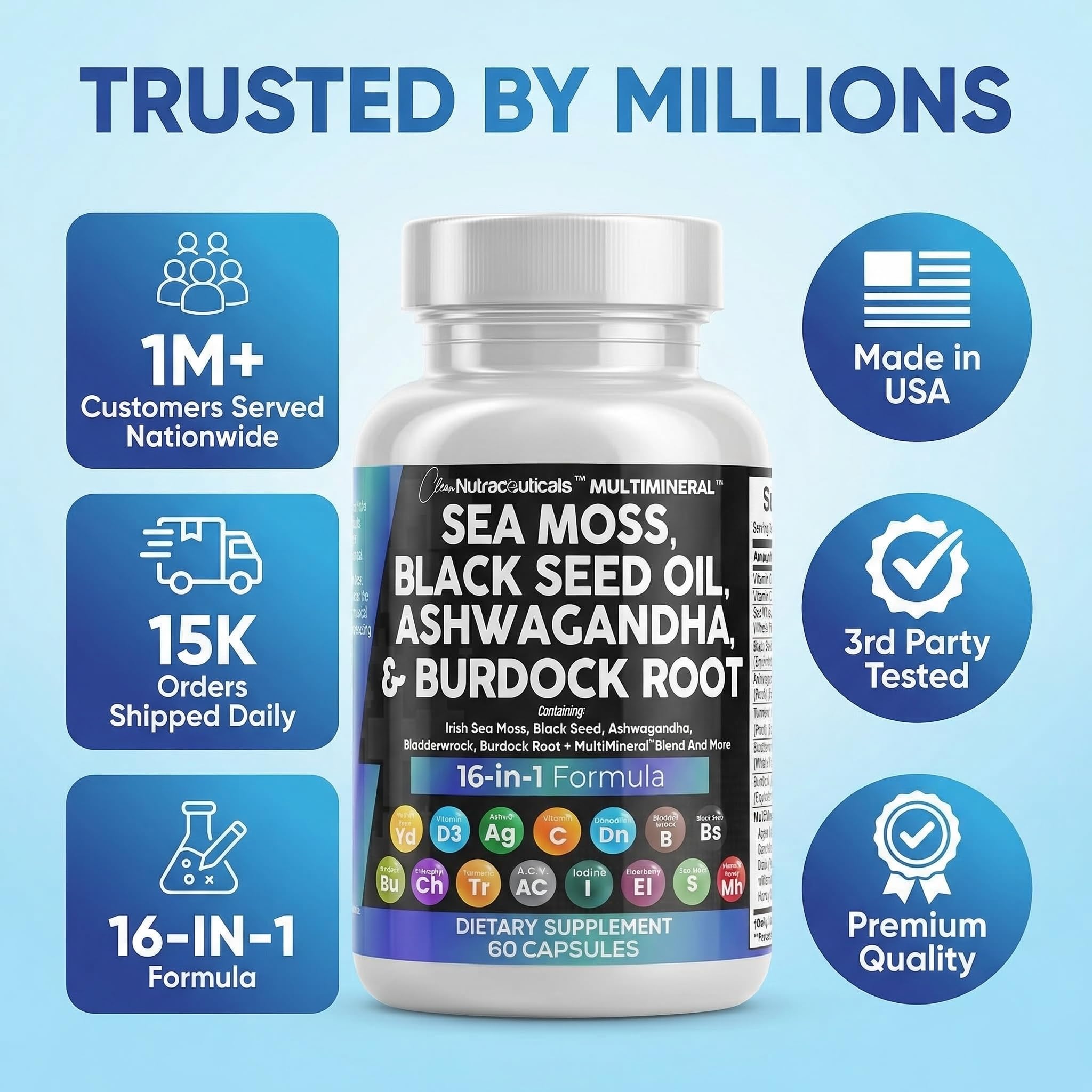 Clean Nutraceuticals elderberry dandelion iodine capsules with daily wellness associations.