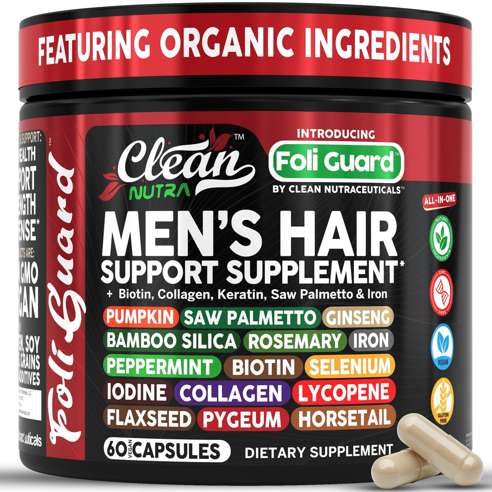 Clean Nutraceuticals Foli Guard bottle for men, highlighting hair growth formula.