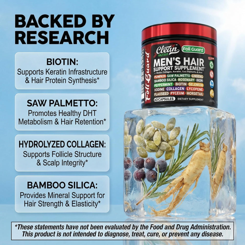 Clean Nutraceuticals Foli Guard label front, noting biotin and keratin for hair health.