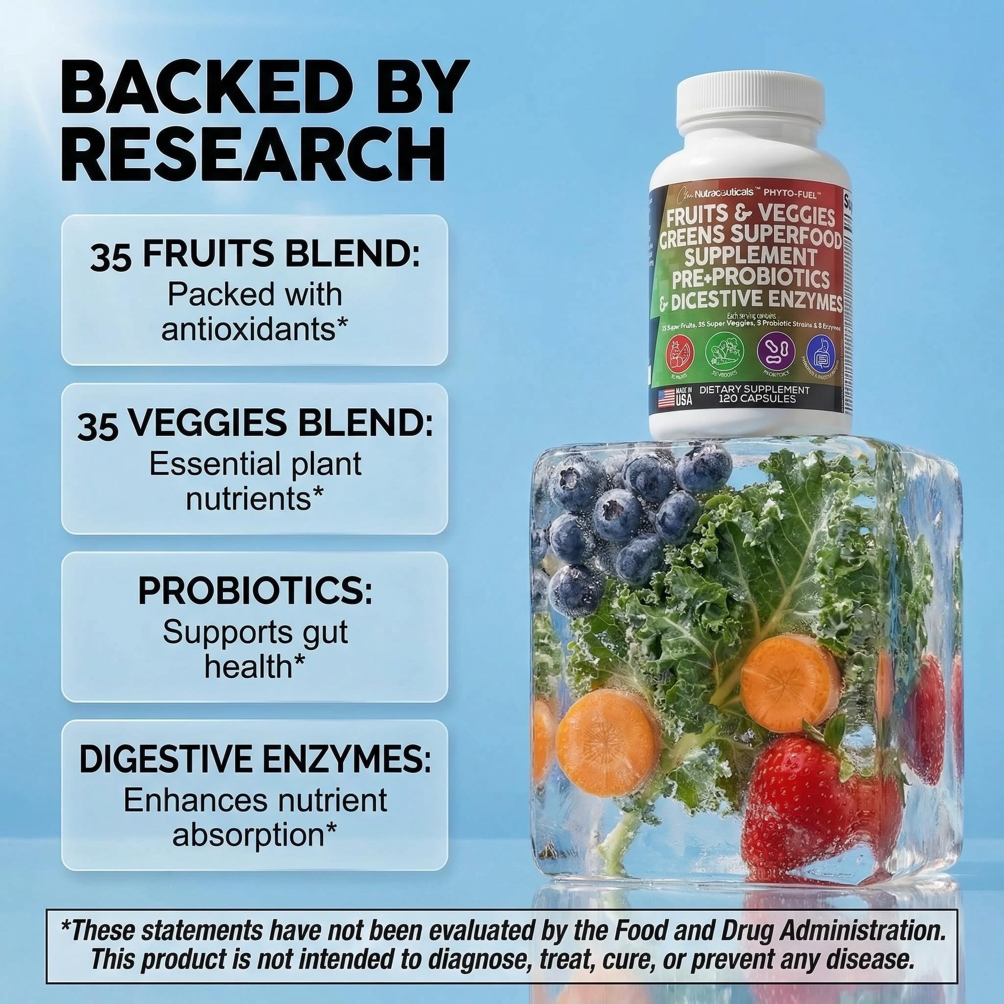 Clean Nutraceuticals Reds & Greens capsules closeup showing easy-to-swallow veggie capsules