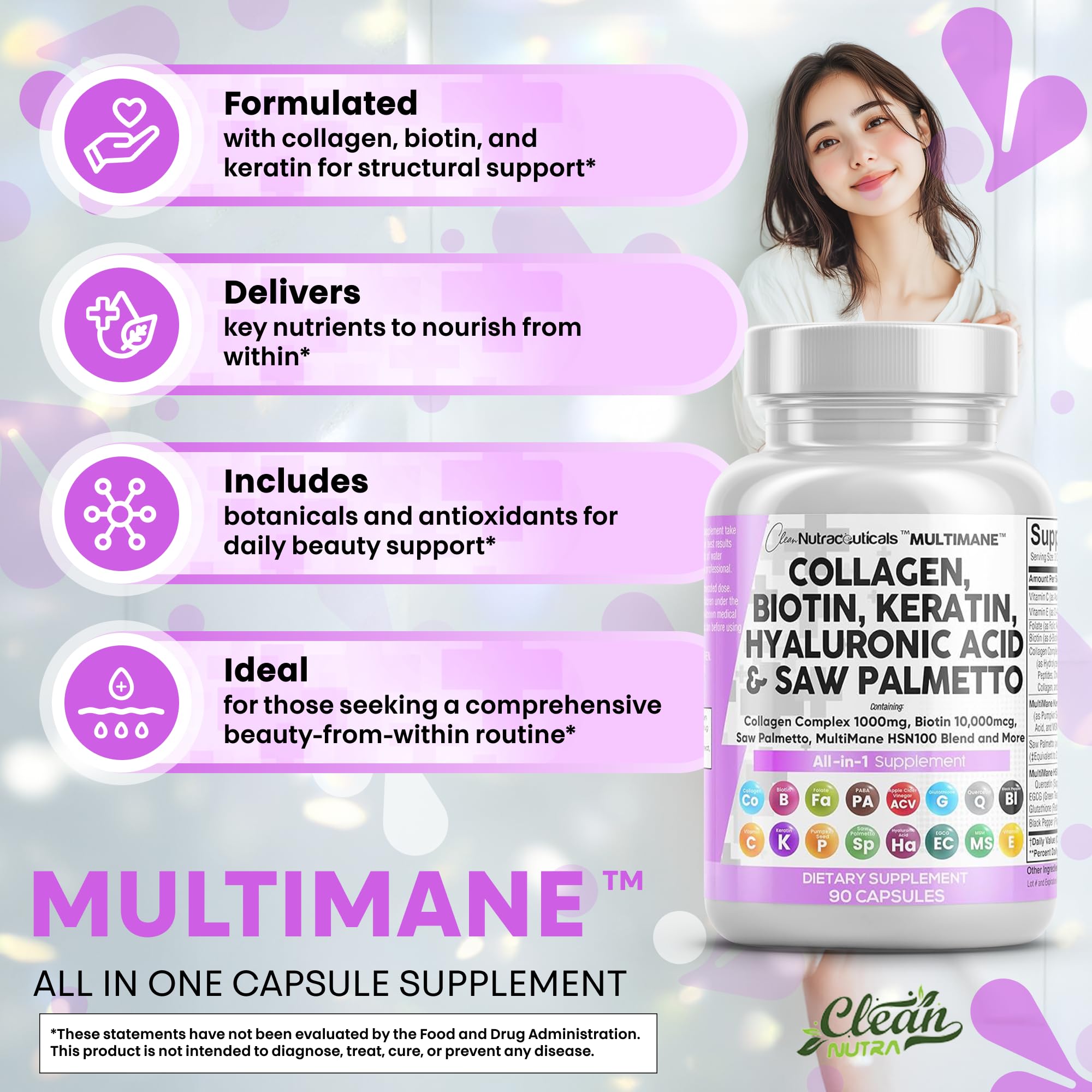 Clean Nutraceuticals hyaluronic acid capsules for skin hydration.