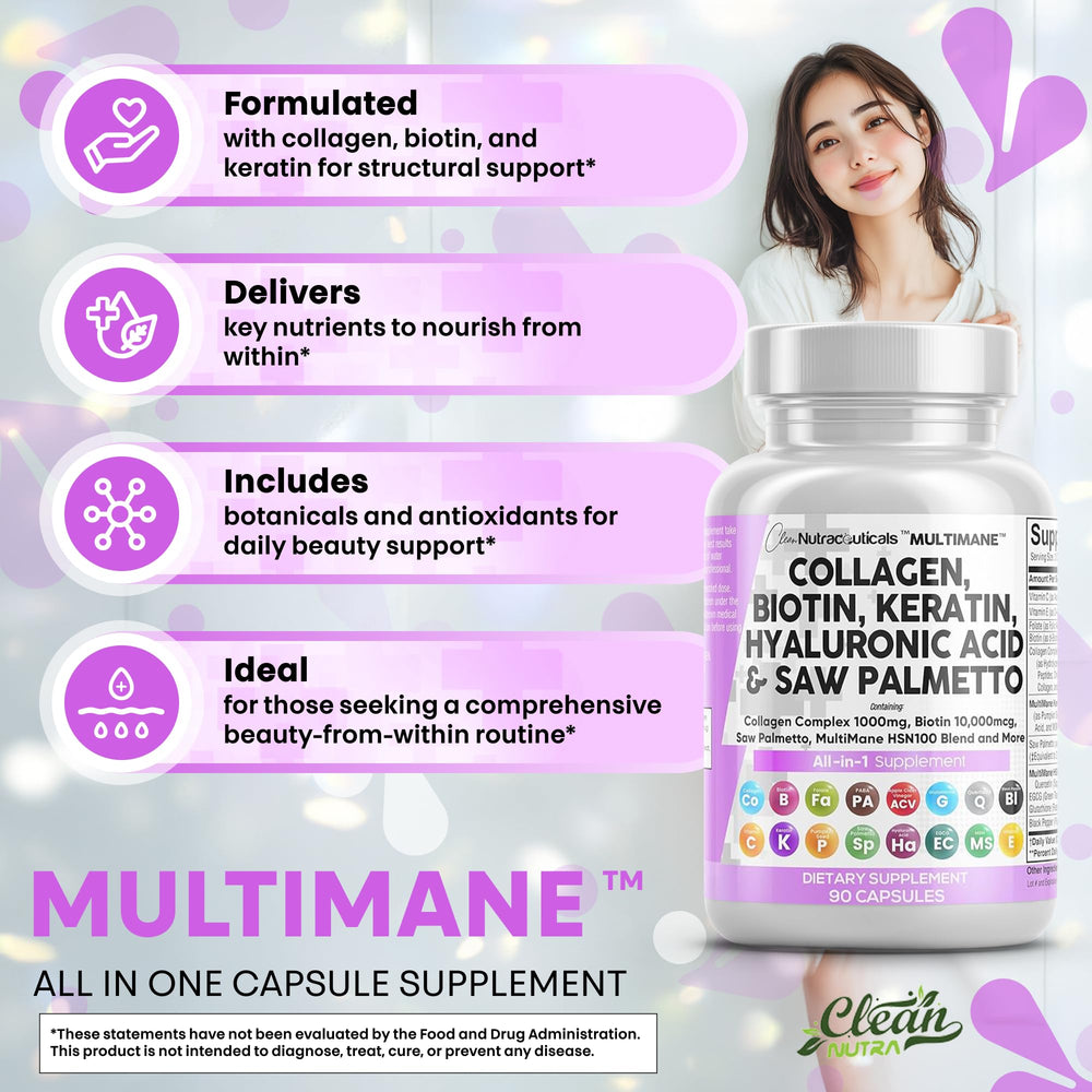 Clean Nutraceuticals hyaluronic acid capsules for skin hydration.