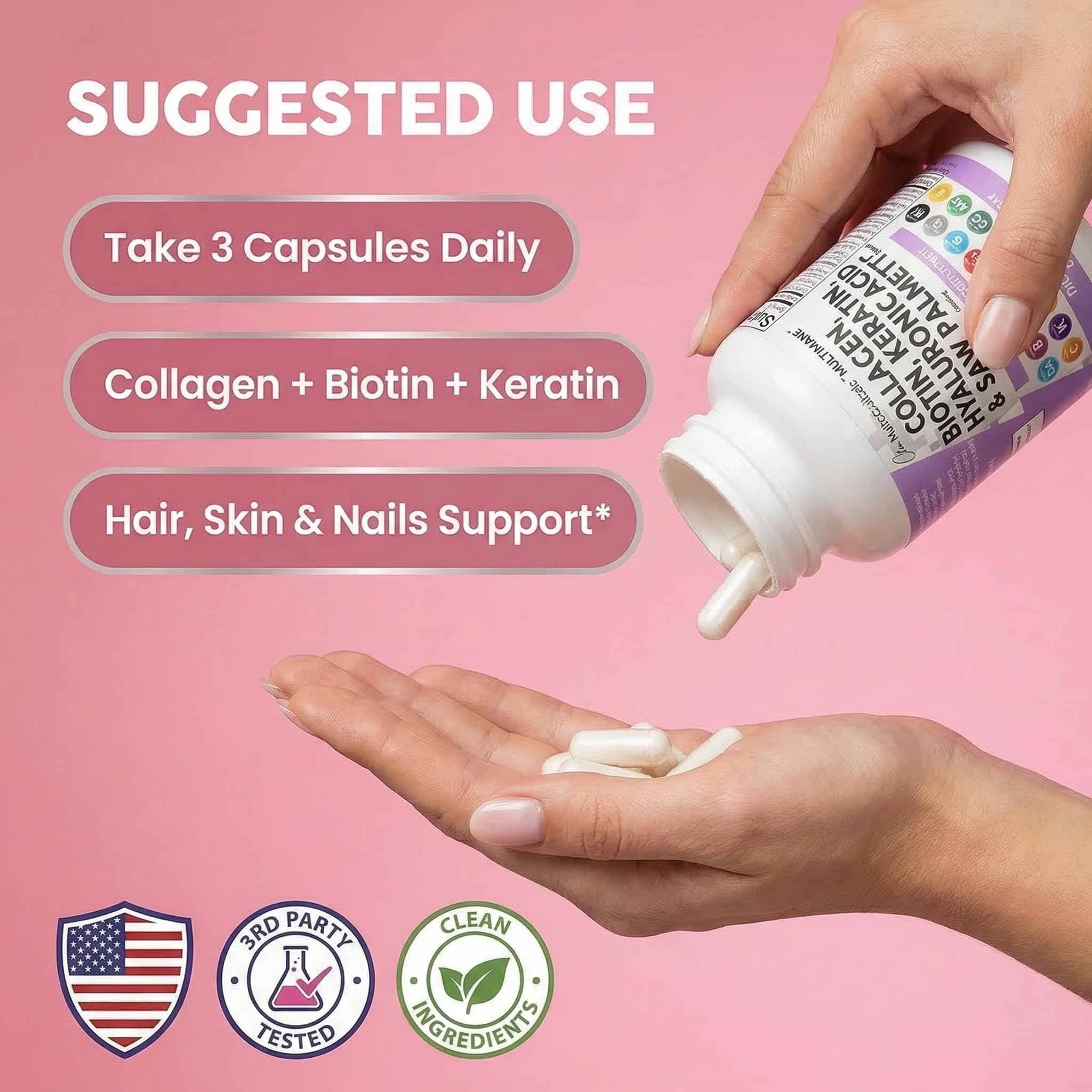 Ingredients packshot from Clean Nutraceuticals showing collagen, biotin, and hyaluronic acid.
