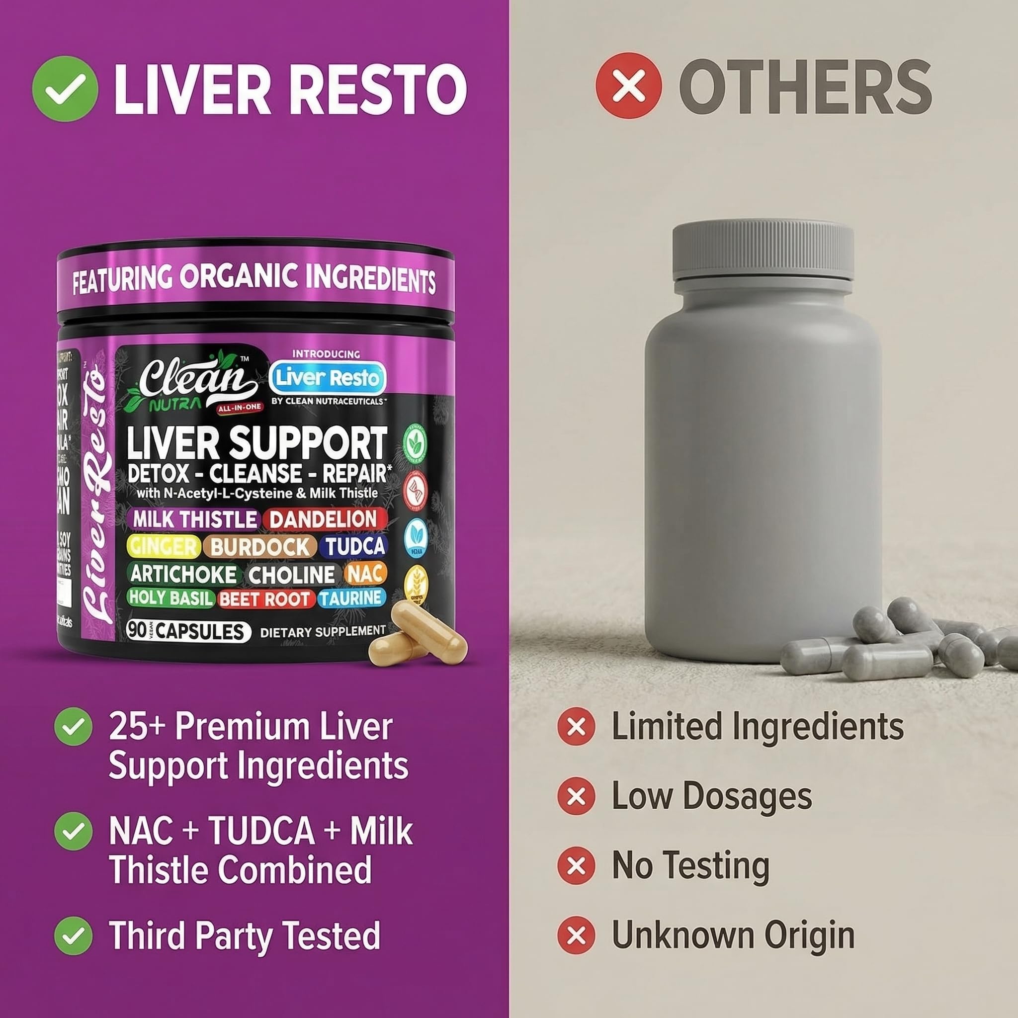 Artichoke leaf visuals in Clean Nutraceuticals Liver Cleanse blend for herbal support.