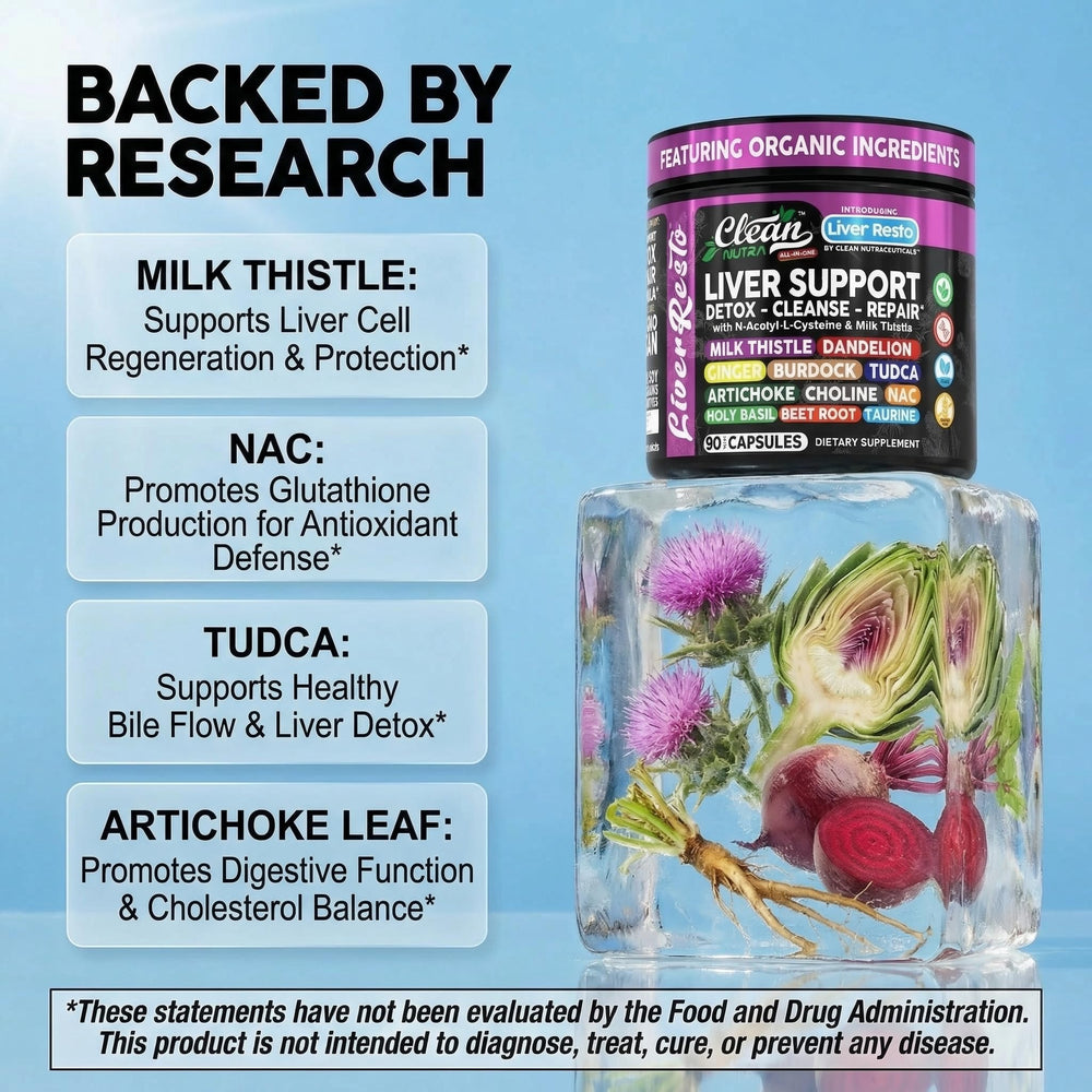 Close-up of Clean Nutraceuticals Liver Cleanse Detox label highlighting key ingredients.
