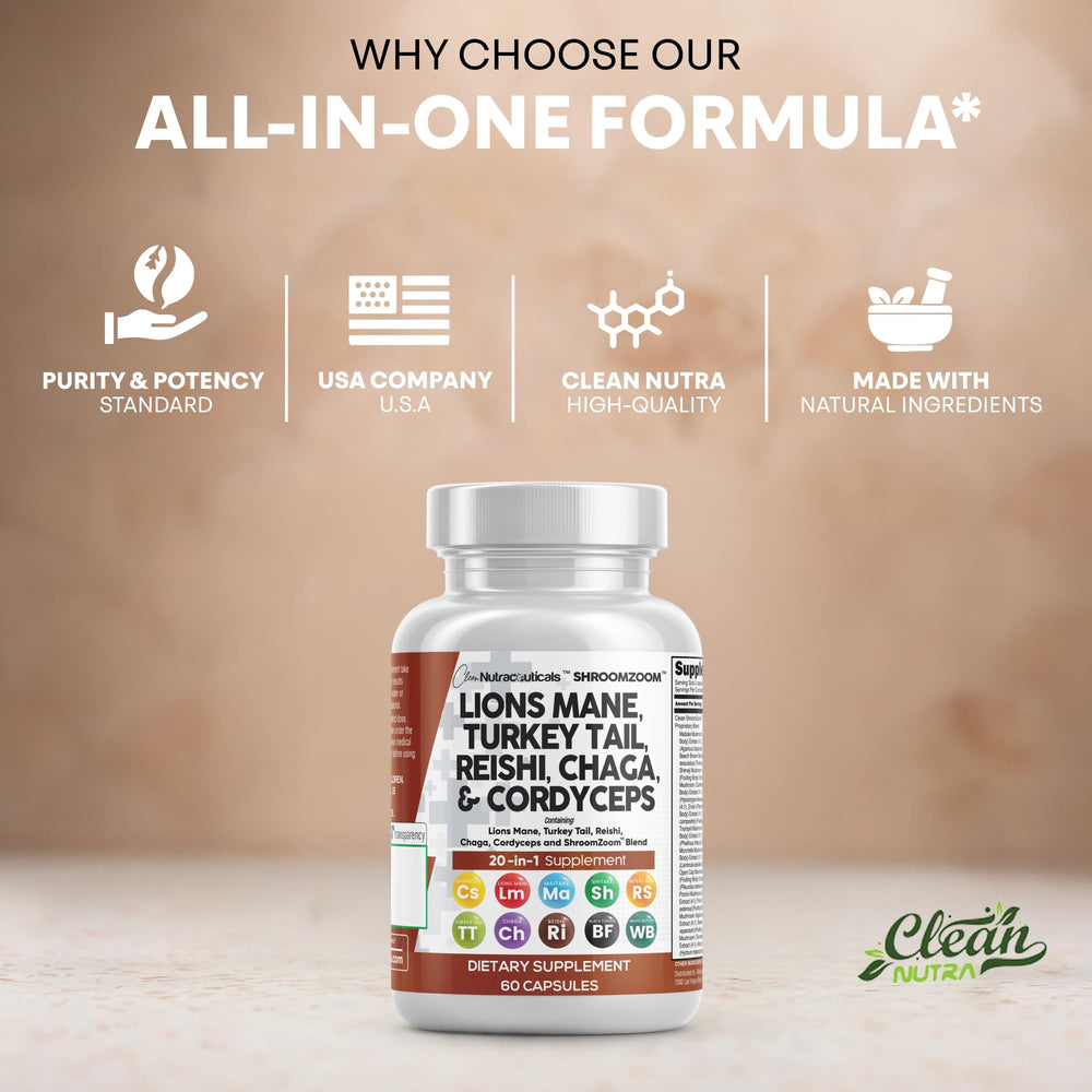 Clean Nutraceuticals maitake-meshima-poria cocos shiitake capsules close-up for daily wellness.