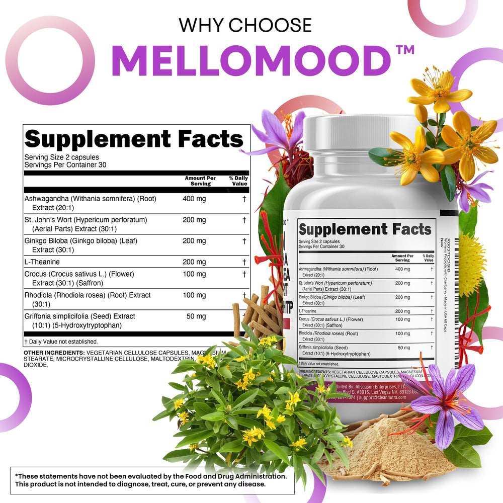 Open bottle with Mellomood capsules spilling onto surface